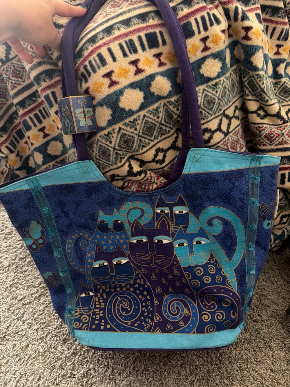 Blue & Teal Indigo Cats Tote Bag, Laurel Burch